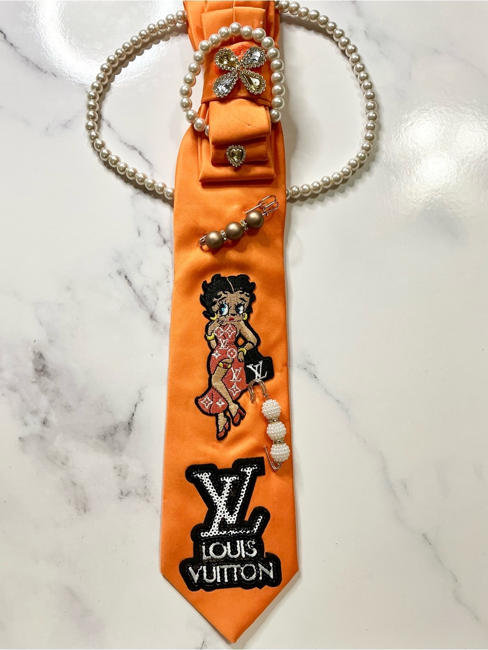 Lux Orange Silk Tie with Embroidered Character and LV Patch